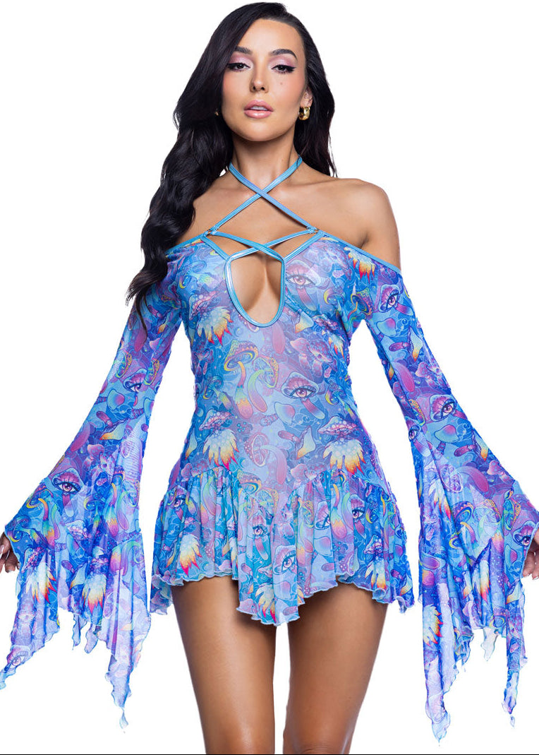 Sheer Mushroom Print Mesh Strappy Rave Mini Dress