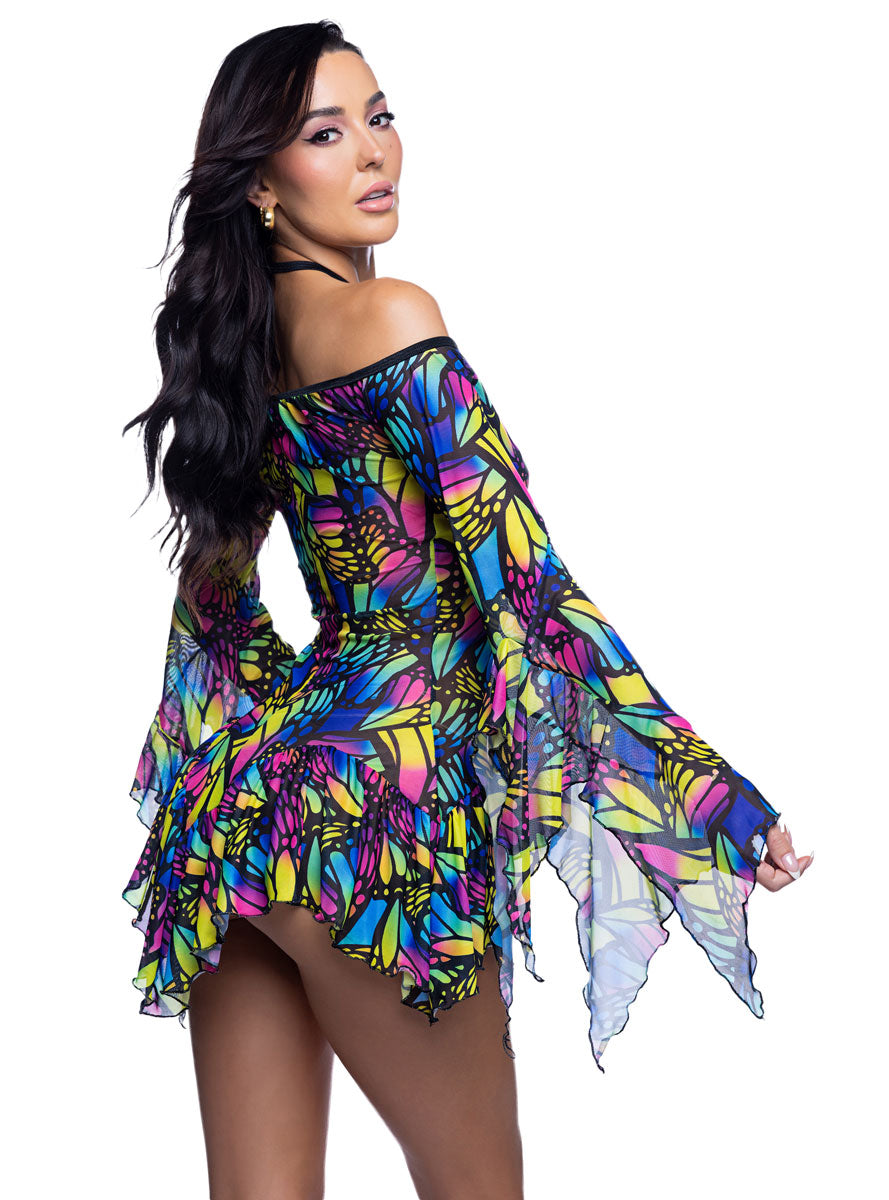 Sheer Butterfly Print Mesh Strappy Rave Mini Dress