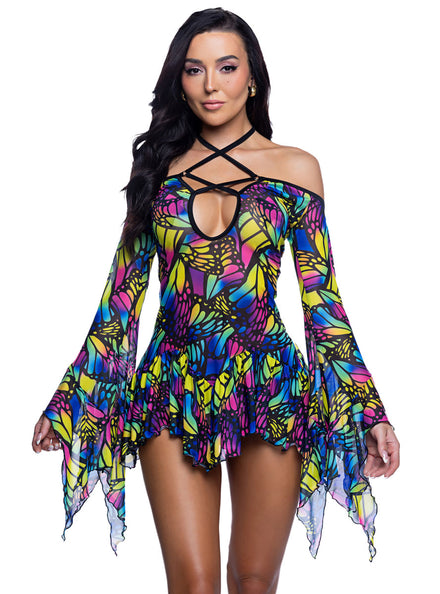 Sheer Butterfly Print Mesh Strappy Rave Mini Dress