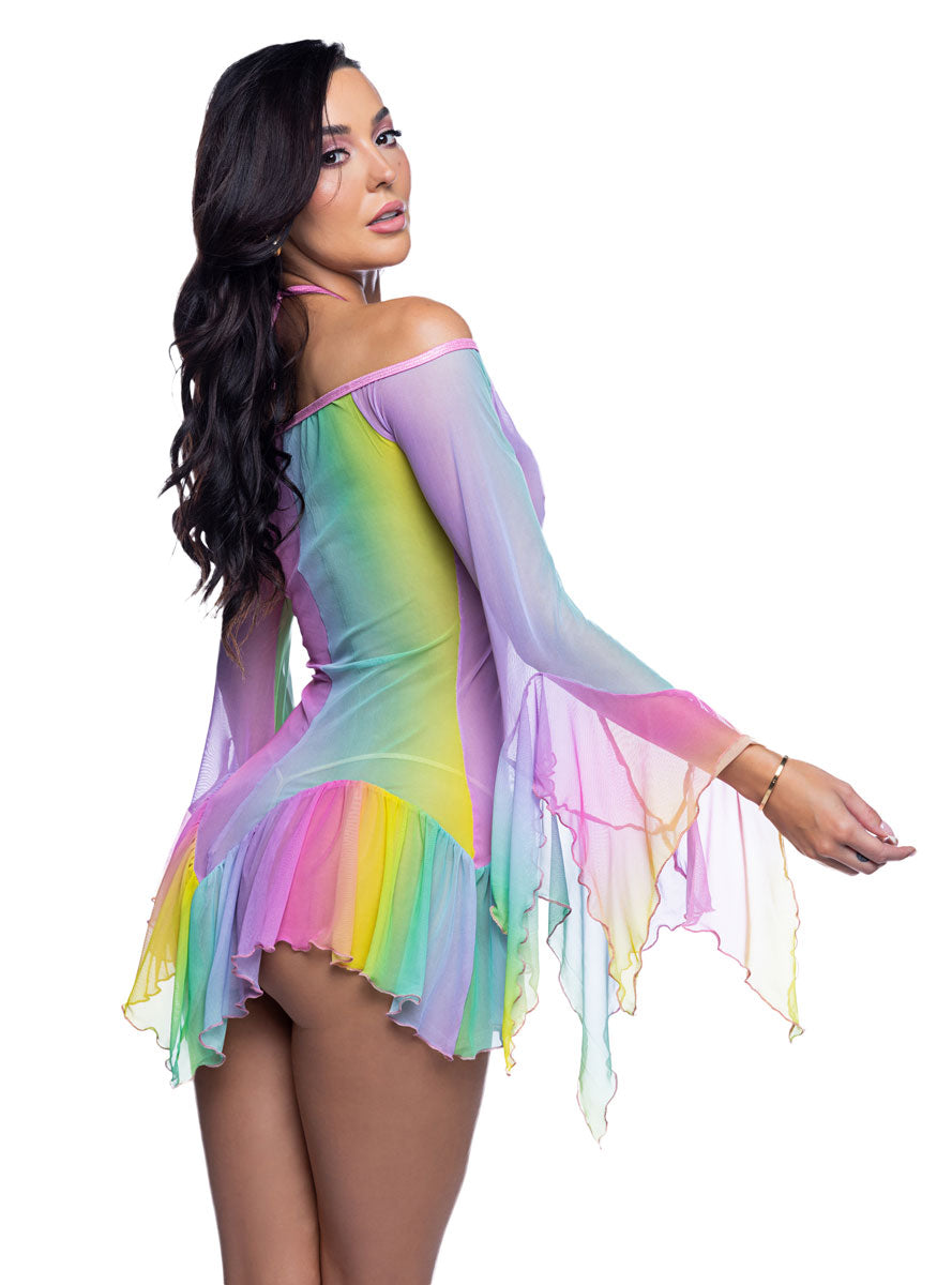Pastel Rainbow Mesh Flow Rave Top and Skirt Set