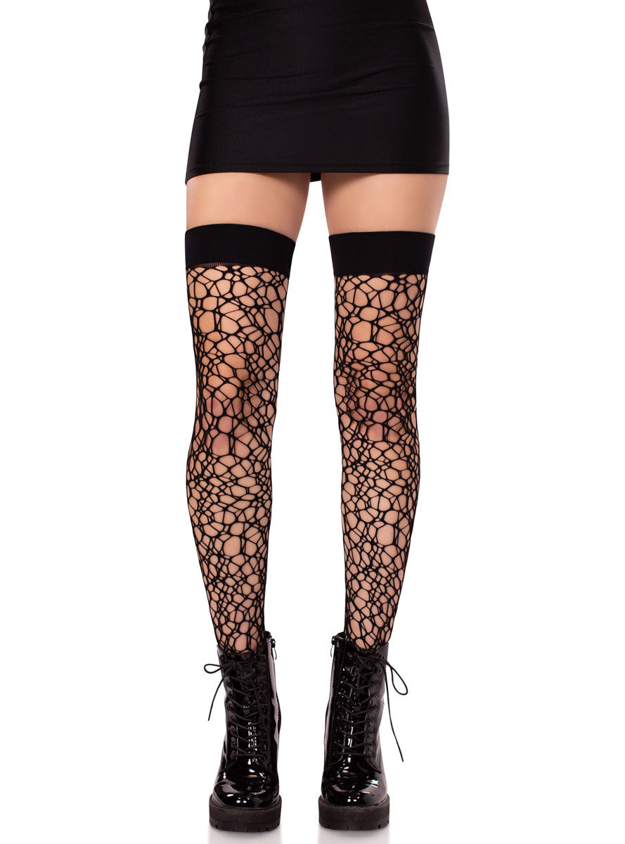 Womens Black Fractured Net Thigh High Stockings Alternative Image