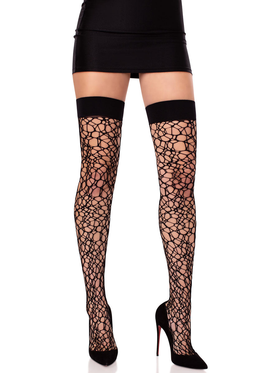 Womens Black Fractured Net Thigh High Stockings Main Image