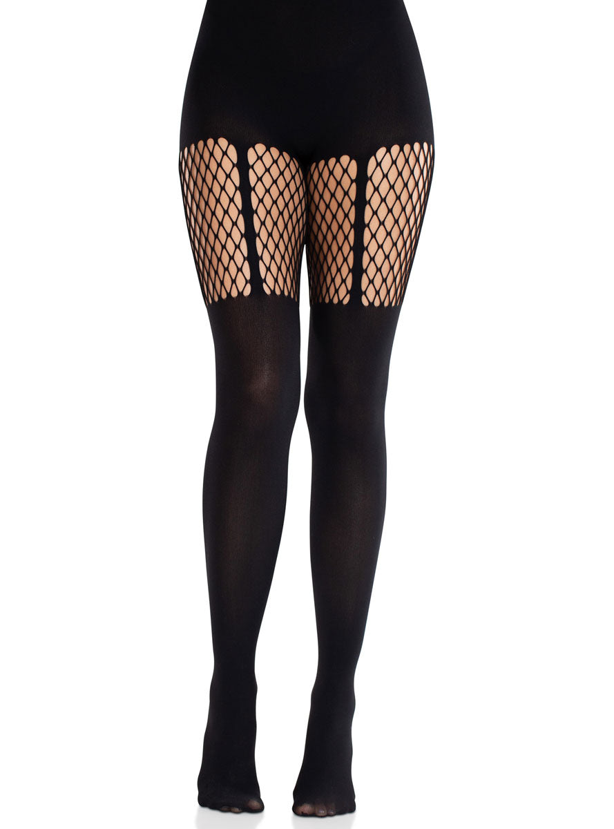 Womens Garter Illusion Seamless Opaque And Net Stockings Alternative Image