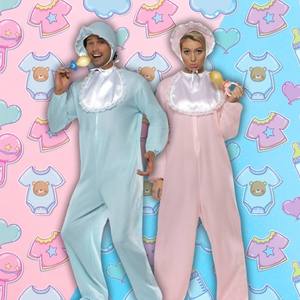 Image of a man and a woman in baby costumes