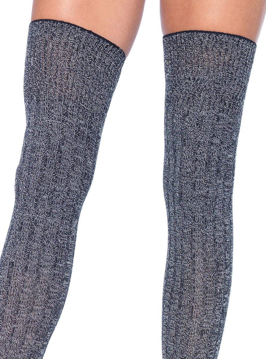Womens Gray Heather Rib Knit Thigh High Stockings Close Image
