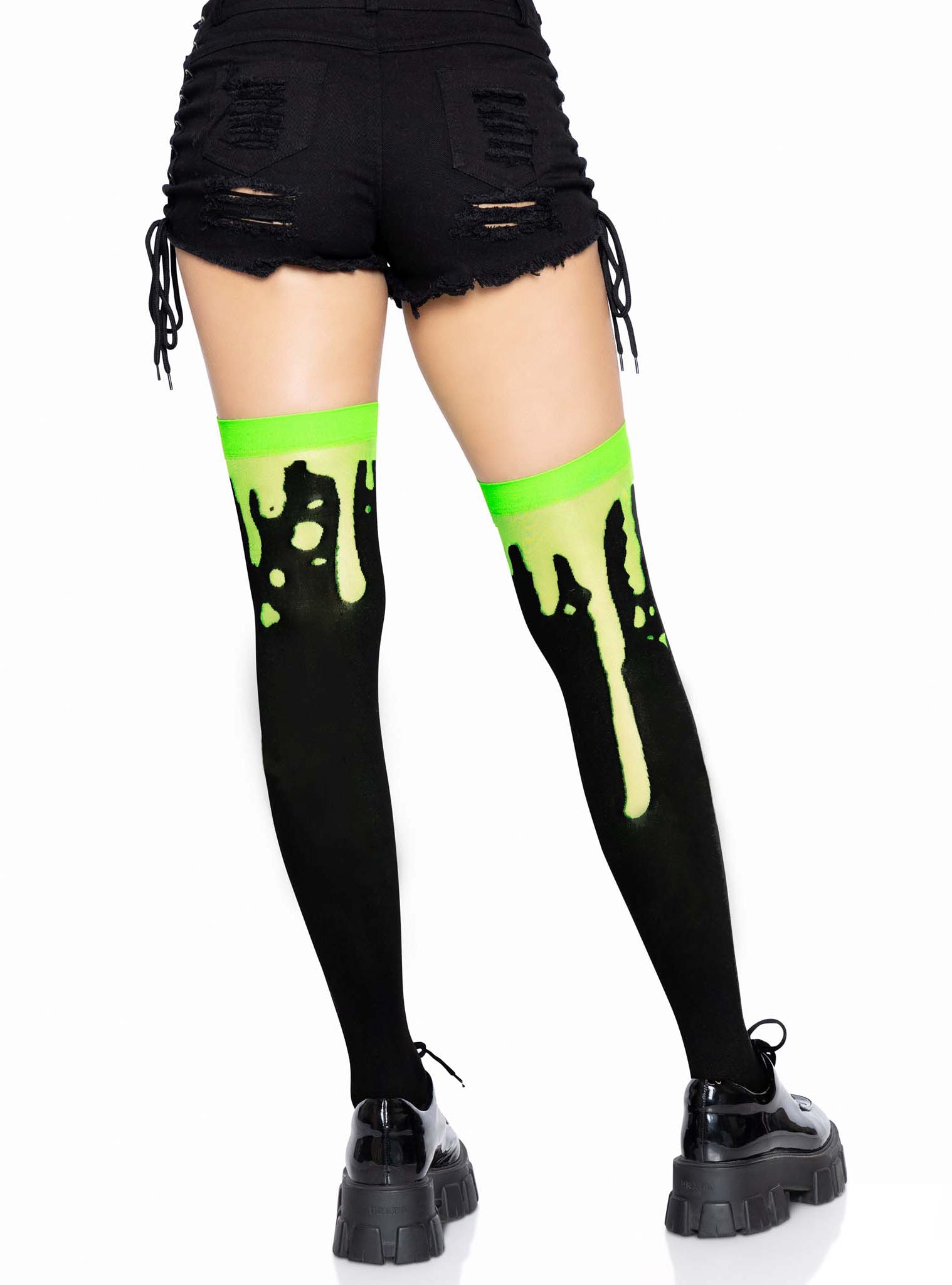Womens Green Blood Splatter Halloween Thigh High Stockings Back Image