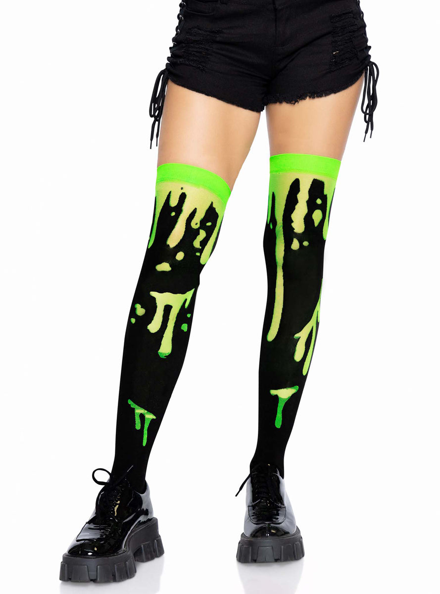 Womens Green Blood Splatter Halloween Thigh High Stockings Main Image
