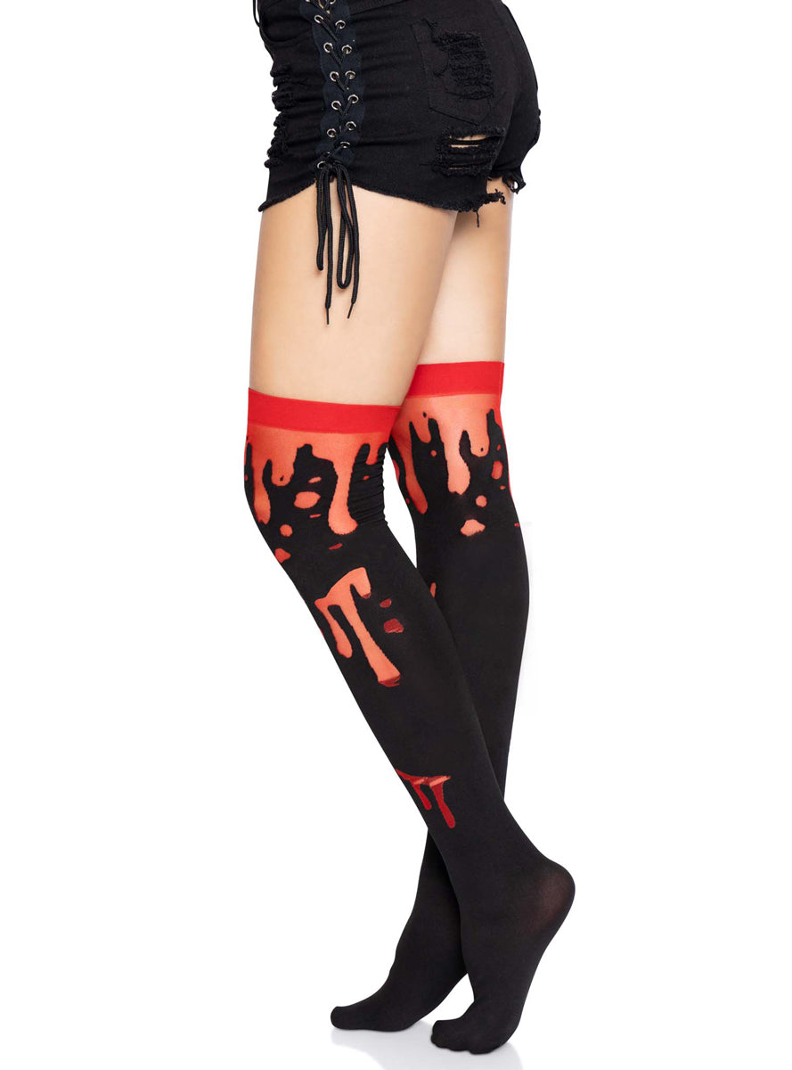 Womens Red Blood Splatter Halloween Thigh High Stockings Side Image