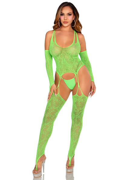 Neon Green Lace Suspender Bodysuit and Gloves Set