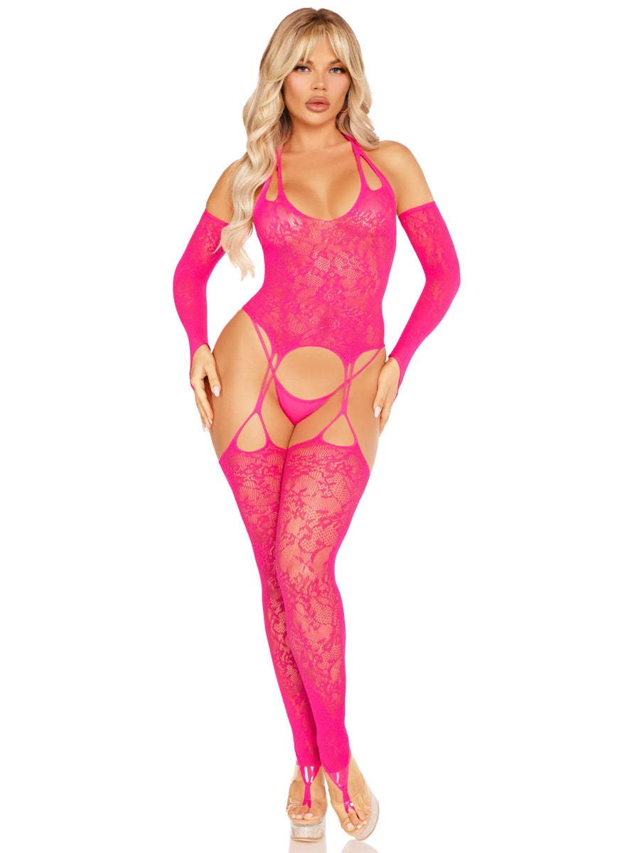 Neon Pink Lace Suspender Bodysuit and Gloves Set