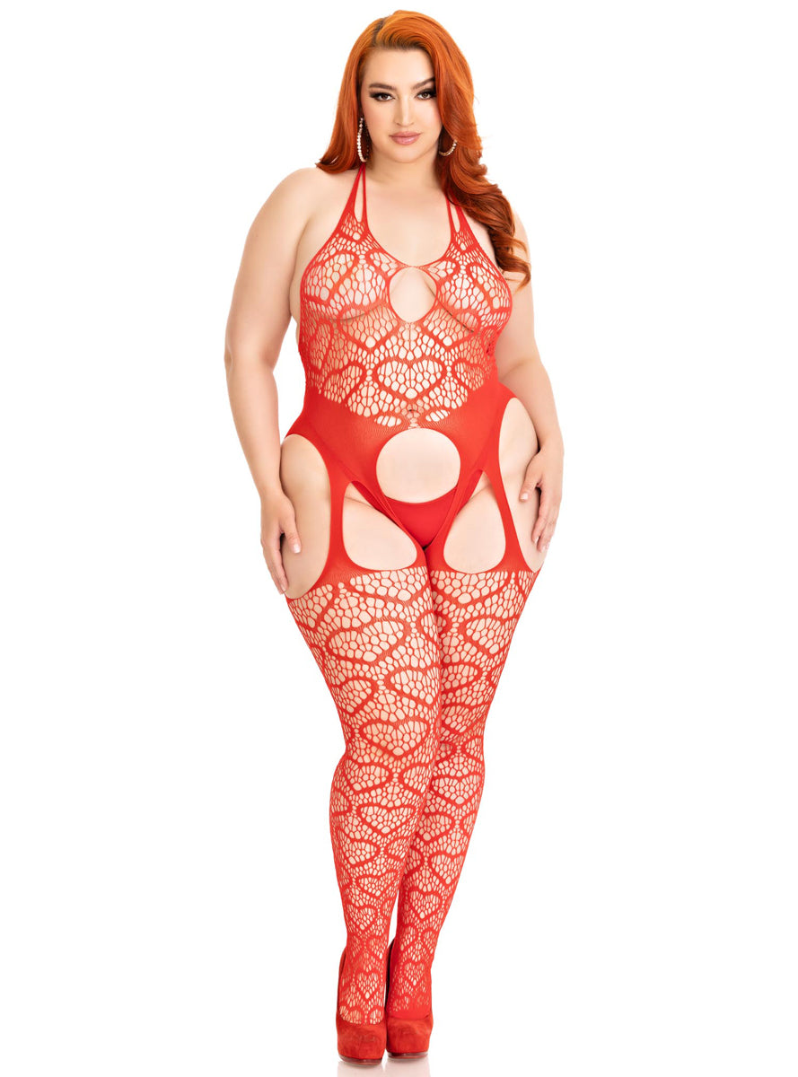 Heart Net Sexy Red Plus Size Suspender Bodysuit