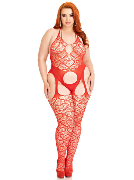 Heart Net Sexy Red Plus Size Suspender Bodysuit