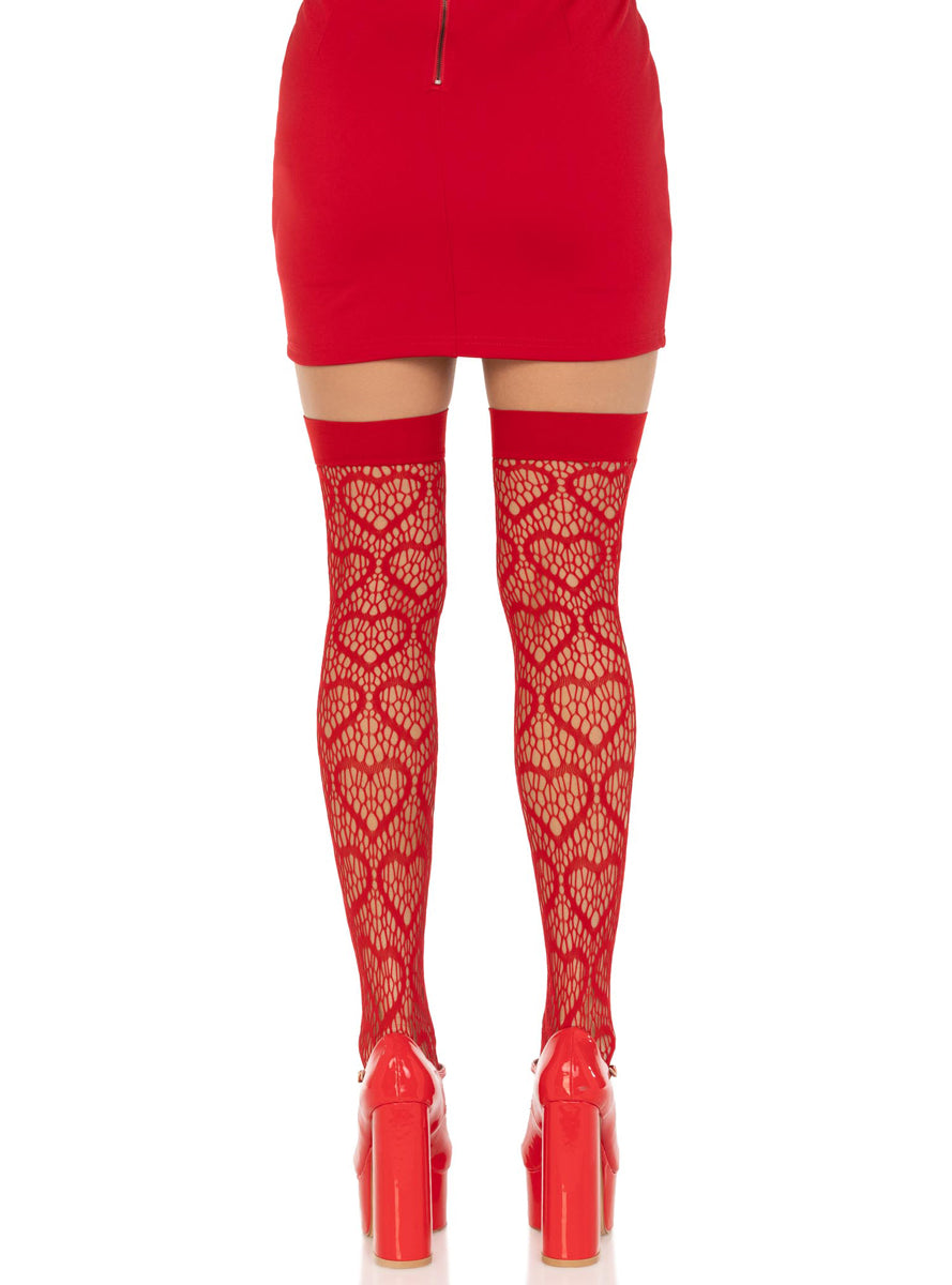 Womens Red Heart Net Thigh High Stockings Back Image