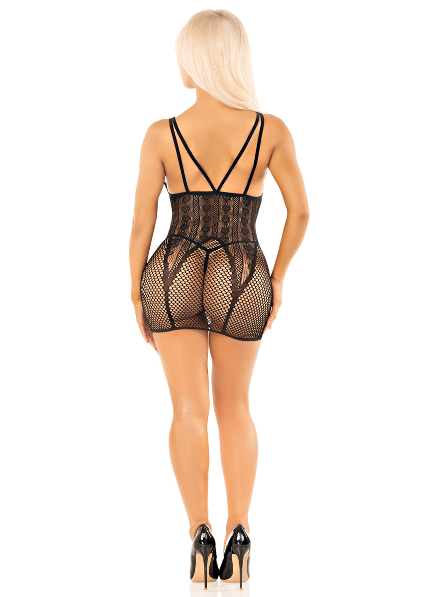 Heart Net Sexy Black Faux Garter Mini Dress