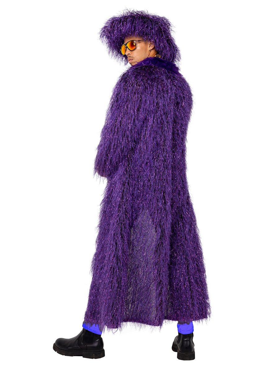 High Roller Pimp Mens Purple Faux Fur Coat And Hat Costume Set - Back Image
