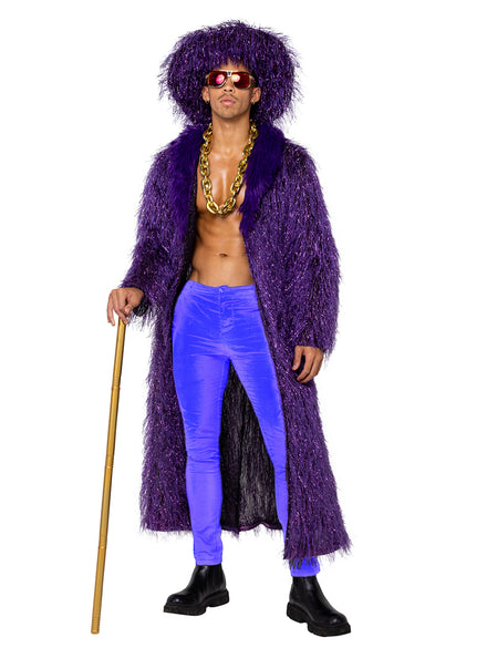 High Roller Pimp Mens Purple Faux Fur Coat And Hat Costume Set - Main Image