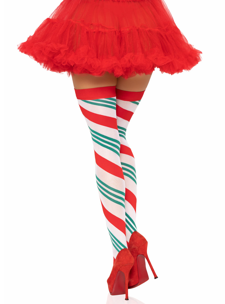 Womens Red White And Green Holiday Ribbon Striped Thigh High Stockings Back Image