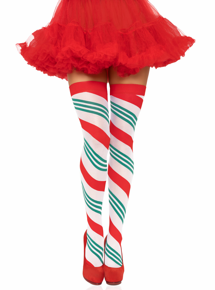 Womens Red White And Green Holiday Ribbon Striped Thigh High Stockings Main Image