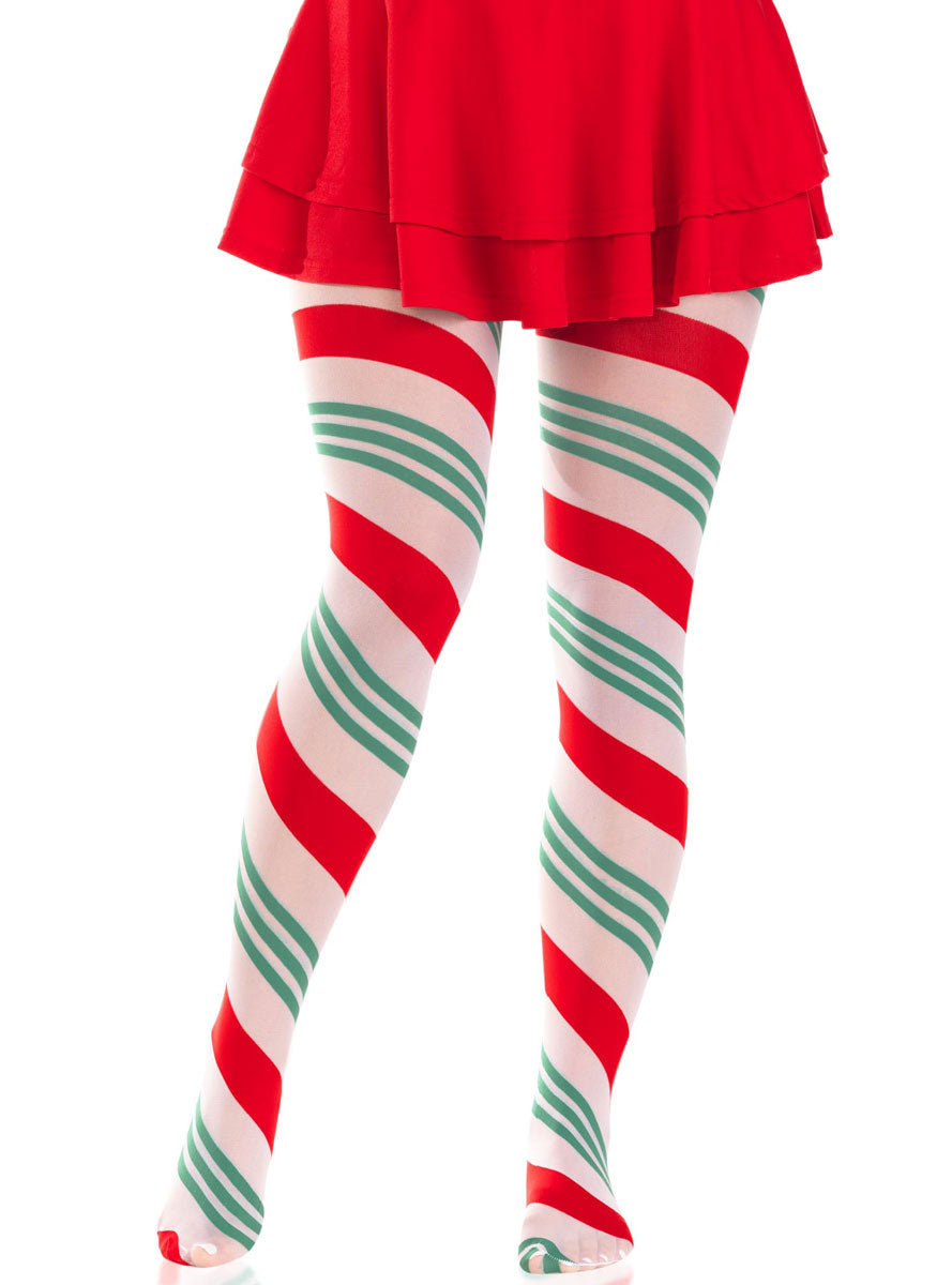 Womens Green White And Red Striped Holiday Ribbon Tights Alternative Image