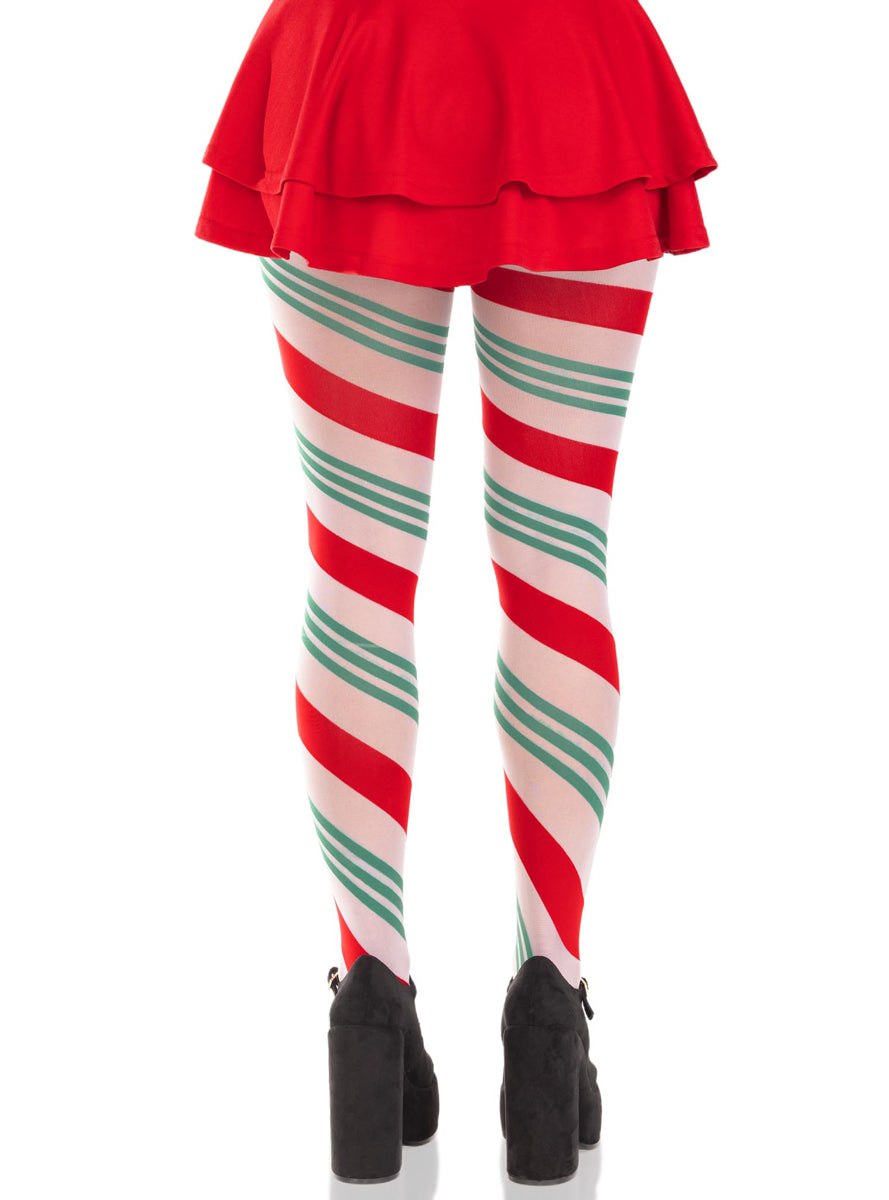 Womens Green White And Red Striped Holiday Ribbon Tights Back Image 2