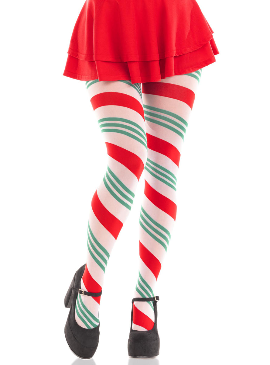 Womens Green White And Red Striped Holiday Ribbon Tights Main Image