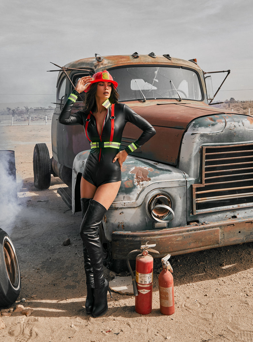 Hot Fire Woman Sexy Womens Black Firefighter Bodysuit Costume - Lifestyle Image 1