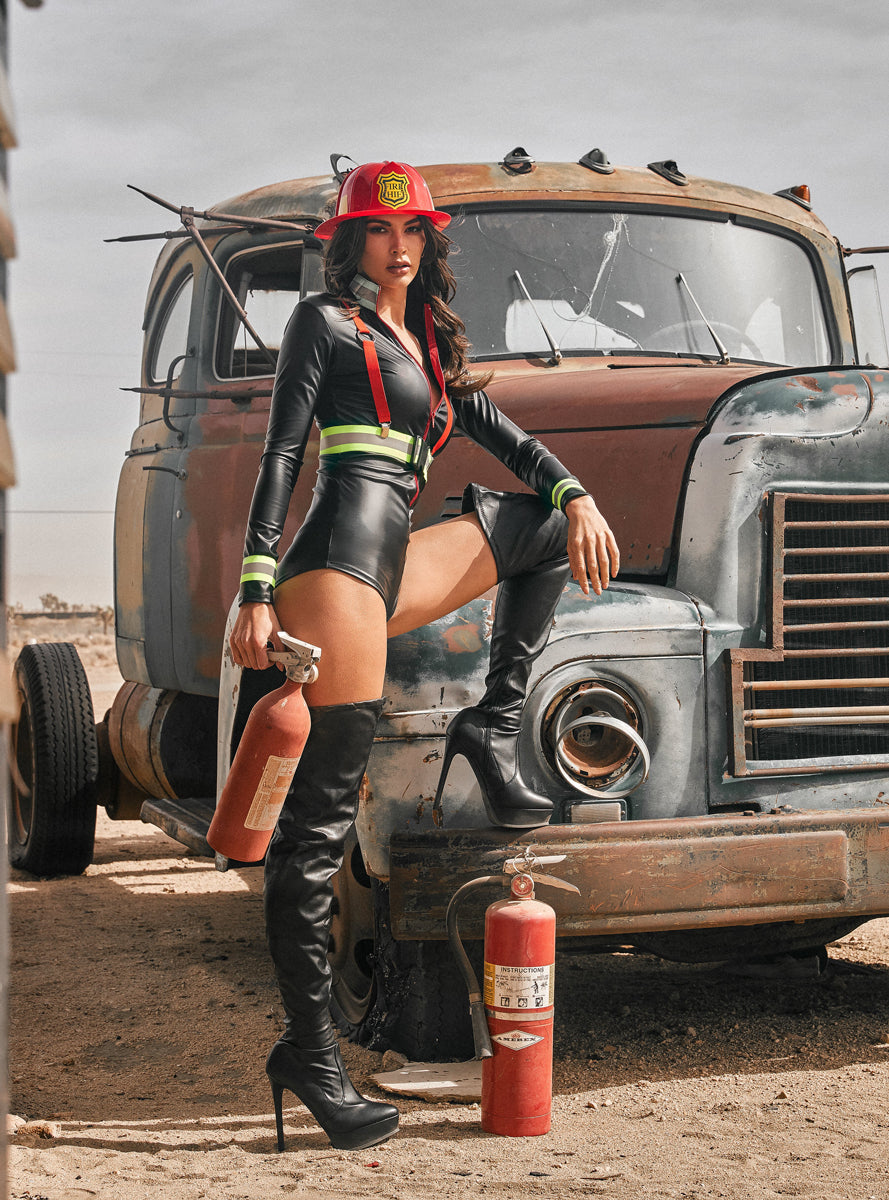 Hot Fire Woman Sexy Womens Black Firefighter Bodysuit Costume - Lifestyle Image 3