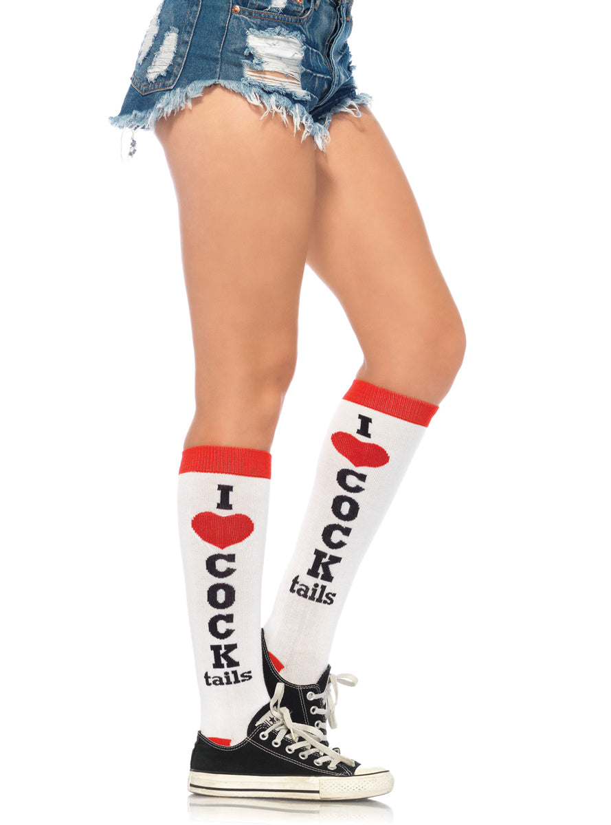 Womens White I Heart Cocktails Knee High Socks Main Image