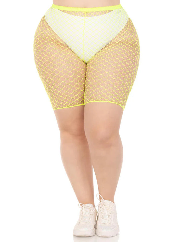 Womens Plus Size Neon Yellow Fishnet Bike Shorts - Main Image
