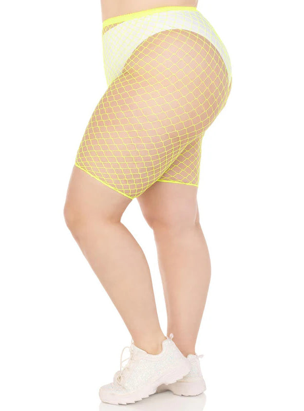 Womens Plus Size Neon Yellow Fishnet Bike Shorts - Side Image