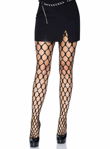 Womens Black Jumbo Pothole Net Stockings With Rhinestones Main Image