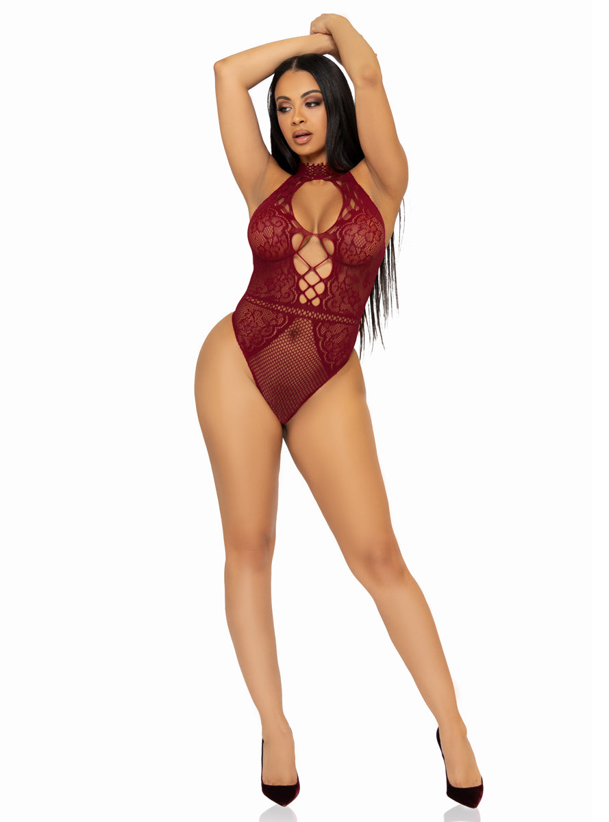 Keyhole Neck Sexy Burgundy Net and Lace Bodysuit
