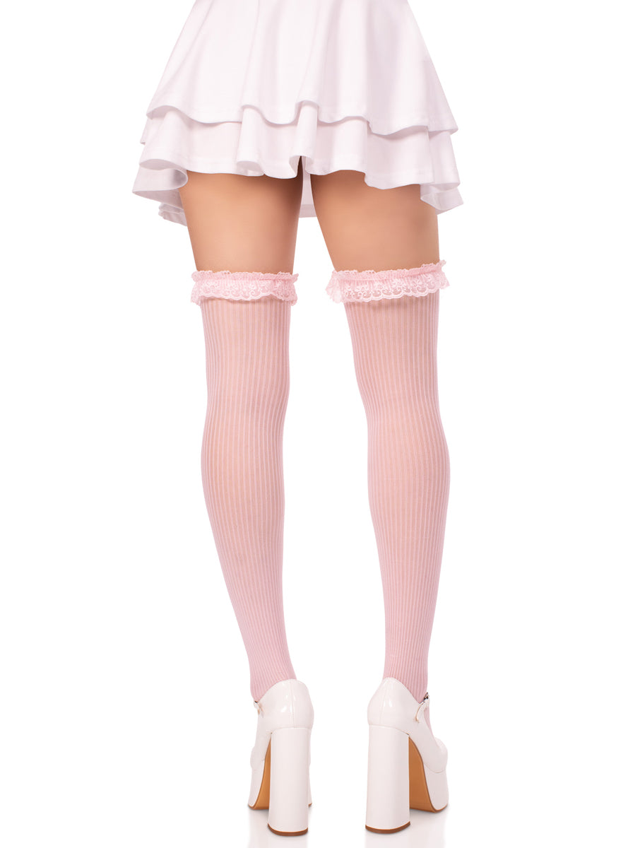 Womens Sheer Light Pink Thigh High Stockings With Lace Garter Top Back Image