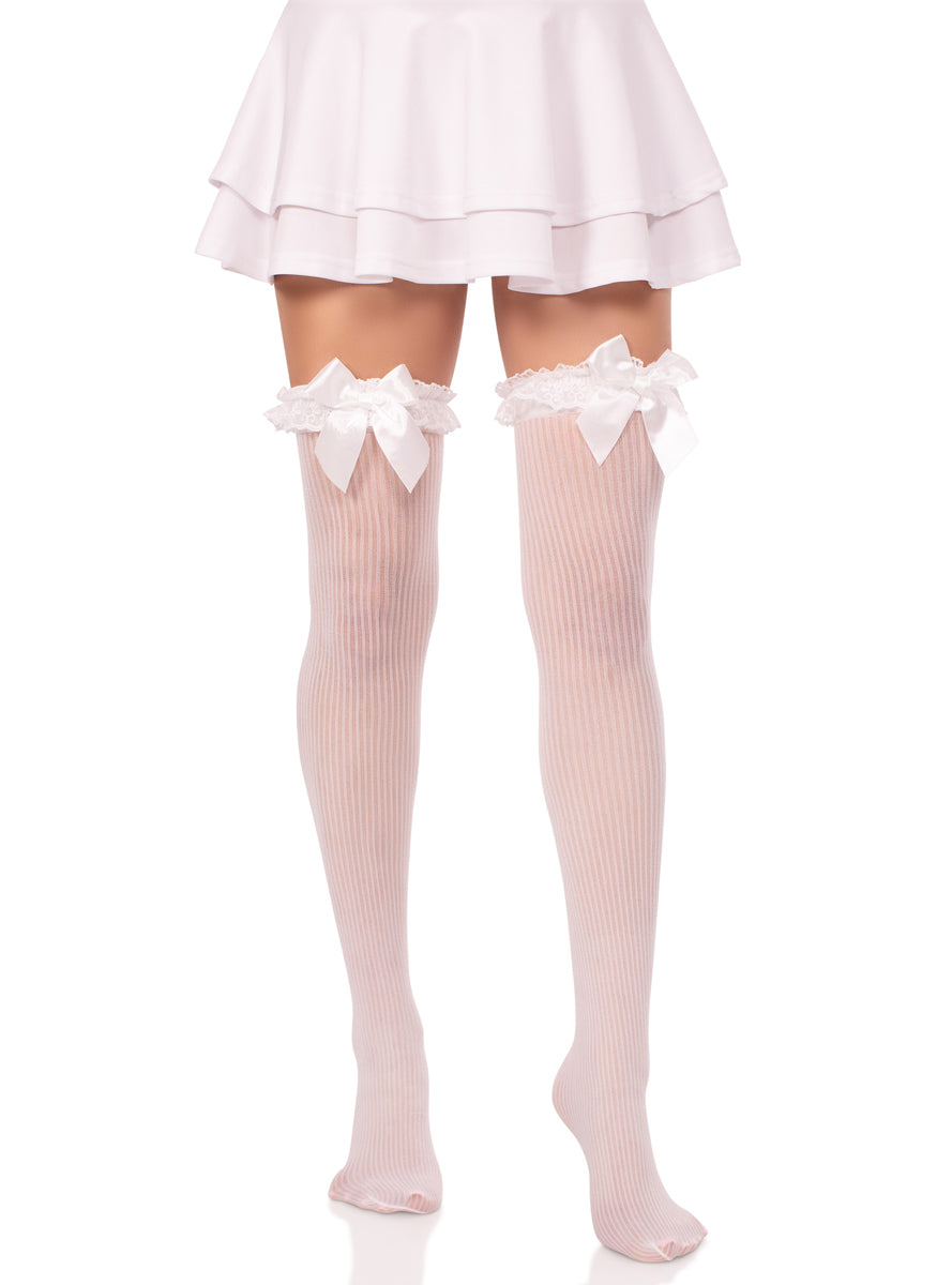Womens Sheer White Thigh High Stockings With Lace Garter Top Alternative Image