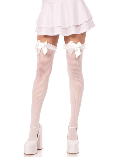 Womens Sheer White Thigh High Stockings With Lace Garter Top Main Image
