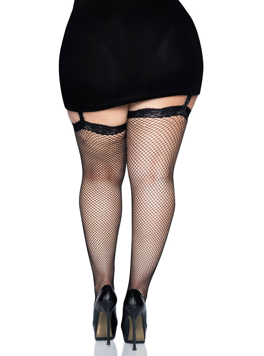 Plus Size Womens Black Fishnet Thigh High Stockings With Lace Top Back Image