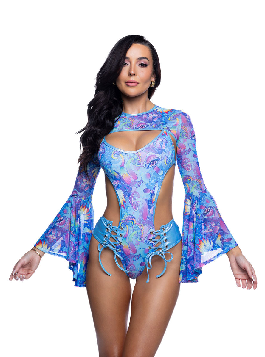 Mushroom Print Blue Lace Up Rave Bodysuit