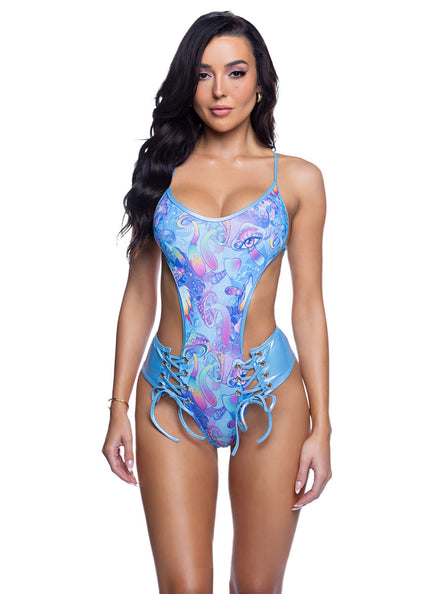 Mushroom Print Blue Lace Up Rave Bodysuit