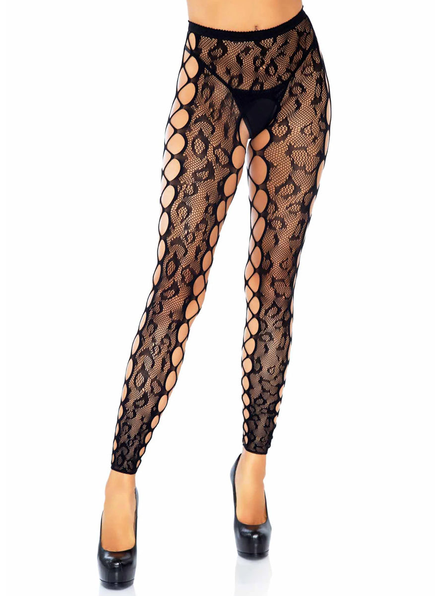 Womens Black Leopard Lace Footless Tights With Net Sides Main Image