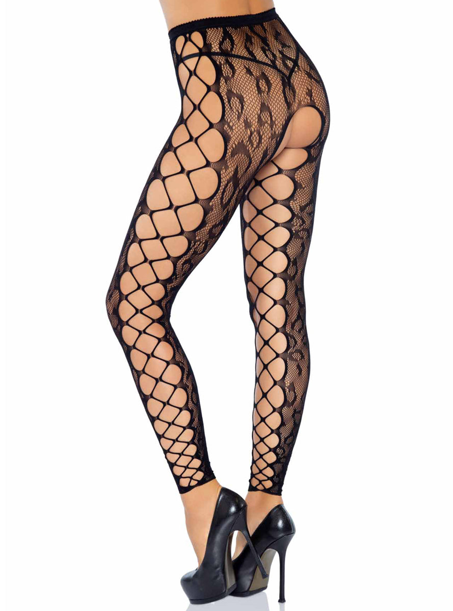 Womens Black Leopard Lace Footless Tights With Net Sides Side Image