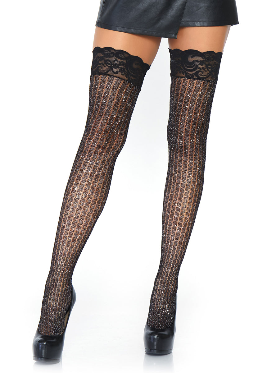 Womens Lurex Shimmer Cable Net Lace Top Thigh High Stockings Alternative Image
