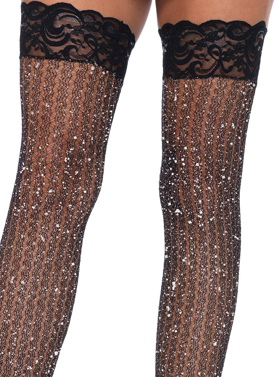 Womens Lurex Shimmer Cable Net Lace Top Thigh High Stockings Close Image