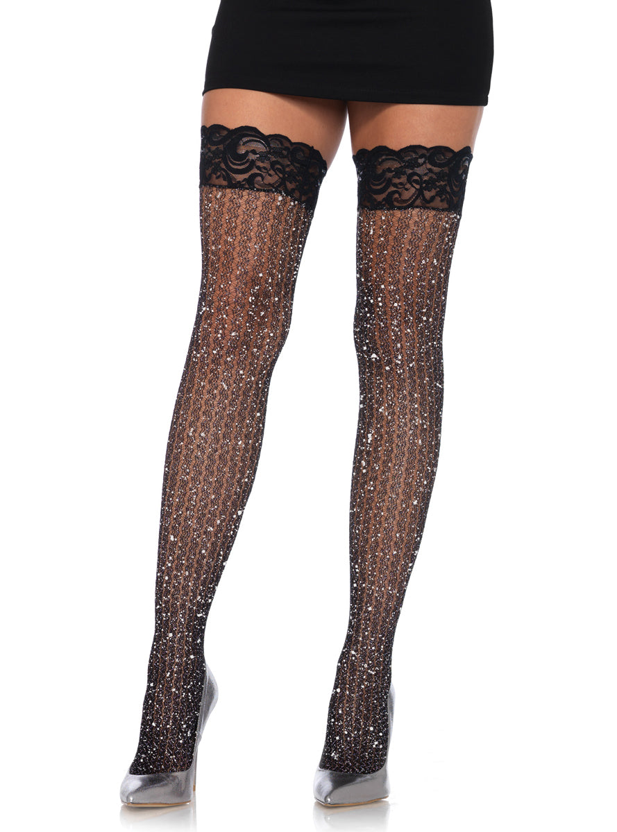Womens Lurex Shimmer Cable Net Lace Top Thigh High Stockings Main Image