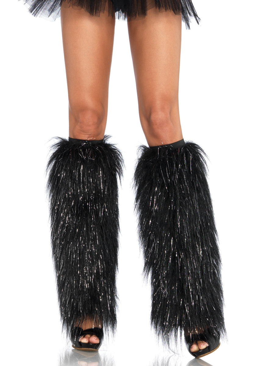 Womens Black Furry Metallic Shimmer Costume Leg Warmers Main Image