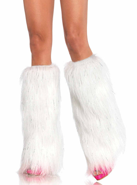 Womens White Furry Metallic Shimmer Costume Leg Warmers Main Image