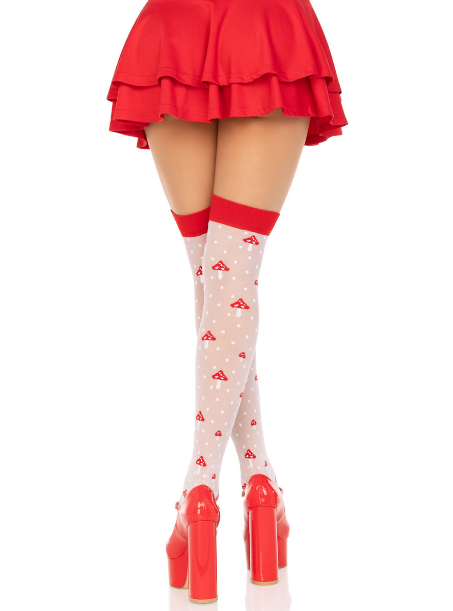 Womens Sheer Mushroom Polka Dot Thigh High Stockings Back Image