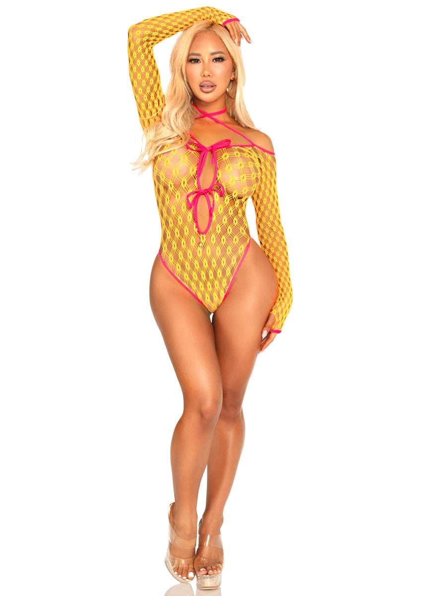 Neon Orange Eyelet Net Tie Front Bodysuit