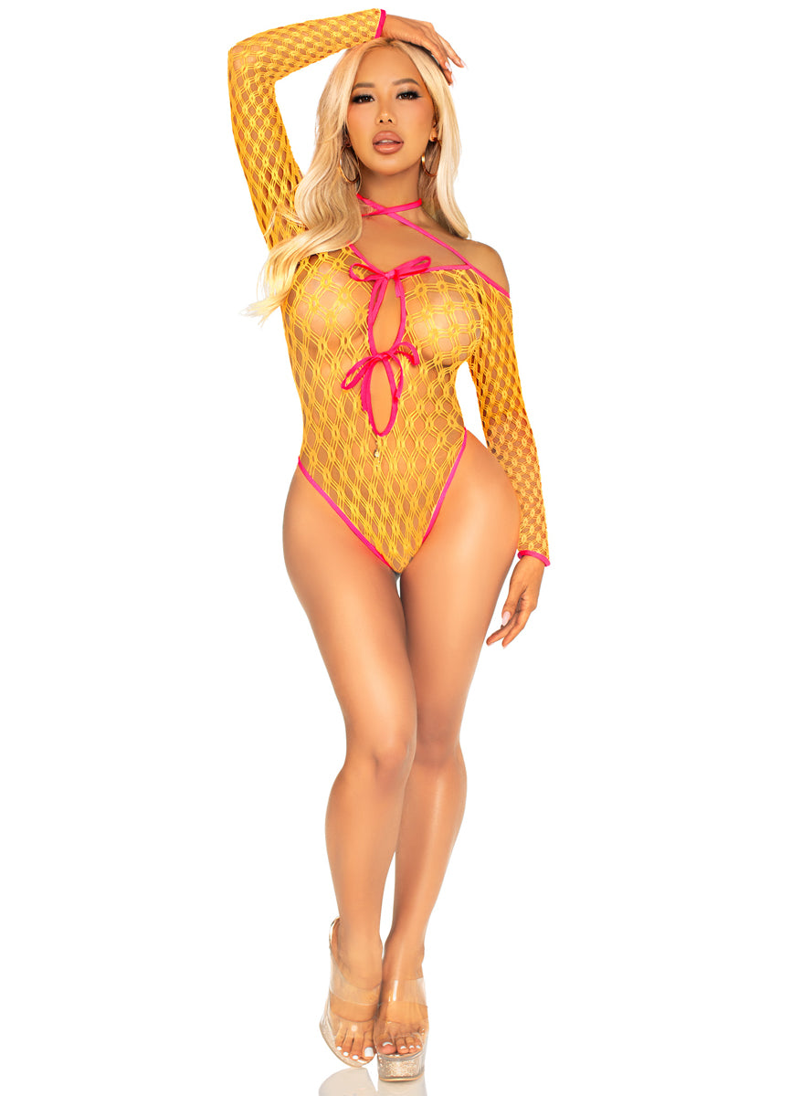 Neon Orange Eyelet Net Tie Front Bodysuit