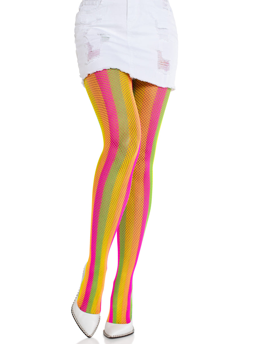 Womens Neon Rainbow Full Length Fishnet Stockings Alternative Image