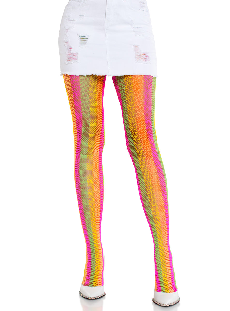 Womens Neon Rainbow Full Length Fishnet Stockings Main Image